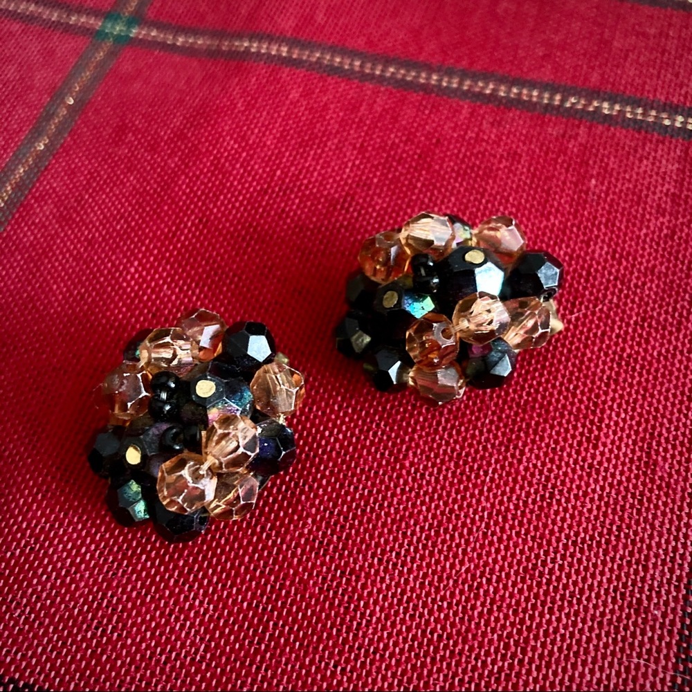 Germany Vintage Navy/Tan Beaded Clip-On Earrings
